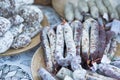 Dry salami and sausages at grocerÃ¢â¬â¢s store Royalty Free Stock Photo